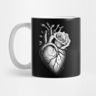 anatomic heart with rose flower power black white Mug